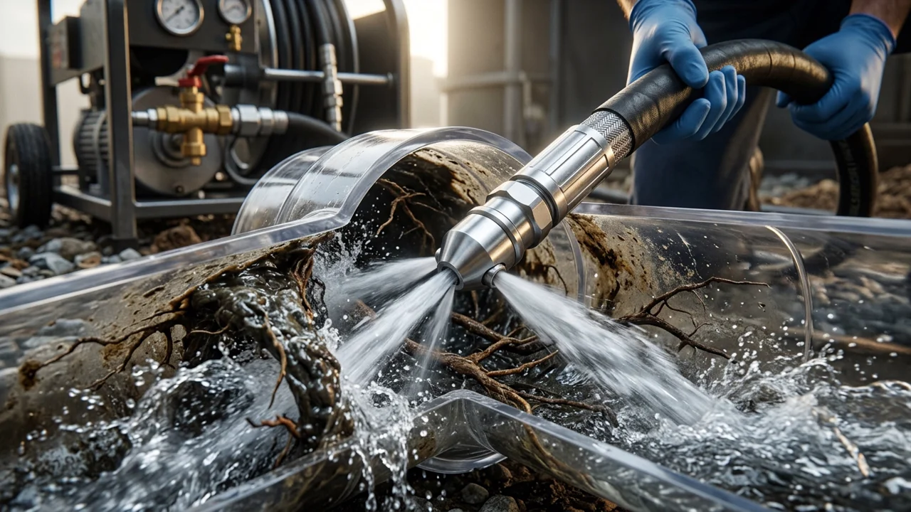 3D digital render of high-pressure commercial hydro-jetter nozzle blasting 4000 PSI water jets inside sewer pipe clearing roots and grease