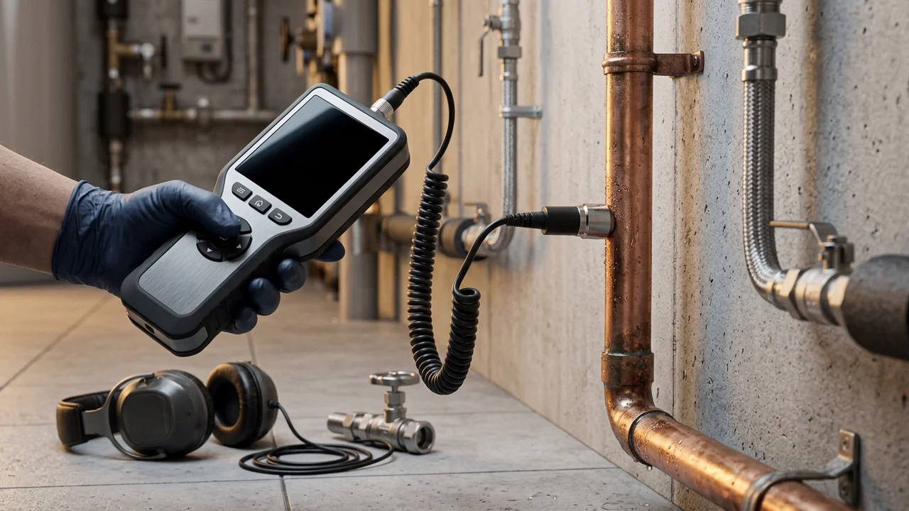 Electronic acoustic ground microphone detecting hidden water leak under concrete floor