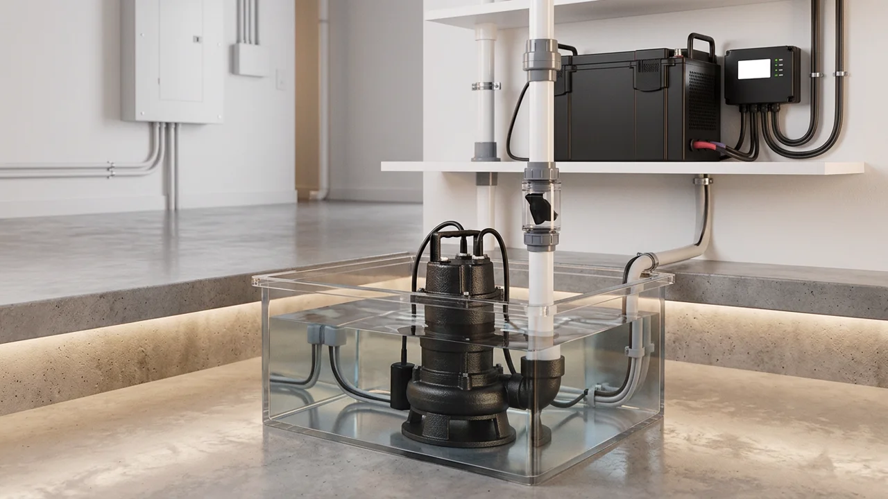 Heavy-duty cast-iron submersible basement sump pump in pit with discharge check valve