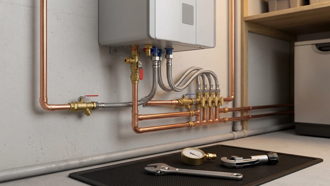 Wall-mounted high-efficiency tankless water heater installation and copper manifold
